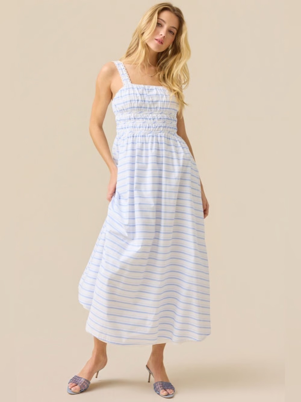 Altar’d State Striped Cotton Smocked Maxi Dress Blue White Size Large